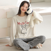 Ensemble de pyjama thermique en laine et soie de mûrier de luxe pour l'hiver, imprimé de dessins animés mignons, confortable et doux pour la peau, pour femmes