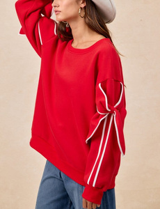 New Arrival Custom Sweet Style <b>Red</b> Bow Tie Drop Shoulder Pullover <b>Shirt</b> Casual <b>Oversized</b> 100% Cotton Crew Neck <b>Shirt</b> for Women - Product Image 3