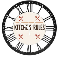 Horloge murale en métal, décoration de cuisine, règles de la cuisine, chiffres romains silencieux, décoration de salle à manger, cadeau personnalisé pour une nouvelle maison