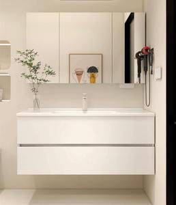 Mueble de baño de diseño simple, mueble de tocador de baño montado en la pared con lavabo de cerámica, espejo Led - Product Image 5