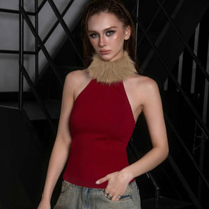Women Halter Neck Vest <b>Sleeveless</b> <b>Top</b> with Faux Fur Collar Slim Fit Fashion Elegant Party Wear - Product Image 5