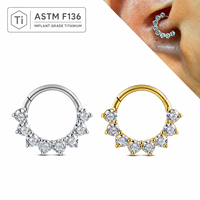 Anneau de piercing articulé en titane ASTM F136 plaqué or avec incrustation de zircon cubique pour cartilage, septum, nez, tragus, hélix, daith