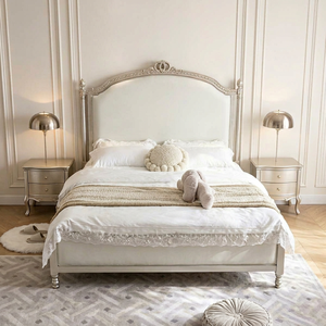 Premium Queen Size Silver Finish <b>Bed</b> With Cream Upholstered Ornate Carved Headboard For Princess Bedroom - Product Image 1
