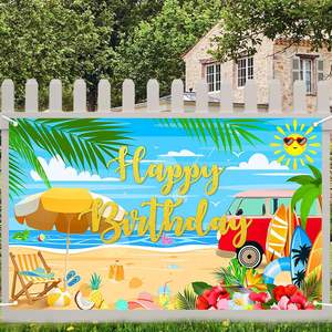 Fondo Fotográfico de Playa Hawaiana para Cumpleaños, Fondo con Sombrilla y Camioneta Surf, Banner Personalizable para Baby Shower - Product Image 1