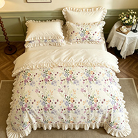 Parure de lit Shabby Chic bleu nuit 100% coton, dégradé indigo et violet royal, motif floral à volants, texture peinture à l'huile