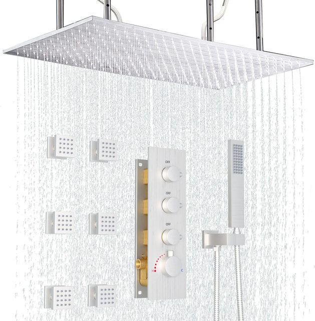 16x32 Inches Brushed Nickel Rain Ceiling Mount Waterfall Full Body Shower System