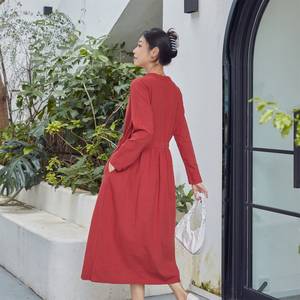 Abito Midi Casual da <span class=keywords><strong>Donna</strong></span> in Cotone, Vestibilità Ampia, Manica Lunga, Scollo a V, Personalizzabile, Taglie Forti, OEM ODM - Product Image 2
