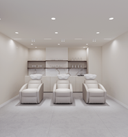 Station de manucure tout-en-un, solution clé en main, design moderne et minimaliste blanc avec poste de lavage et comptoir d'accueil.