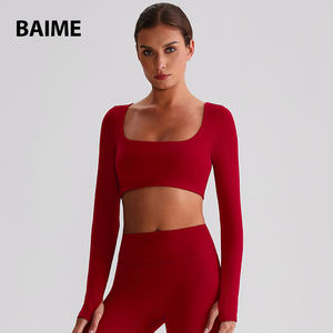 2025 nuevo cuello cuadrado de manga larga Yoga Top <span class=keywords><strong>ropa</strong></span> Slim Fit Active Wear Fitness Shirt - Product Image 5