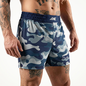 Navy Blue Camo Men's MMA Shorts Elastic Waist Quick Dry Front Logo No Gi BJJ Grappling Training Fight Shorts