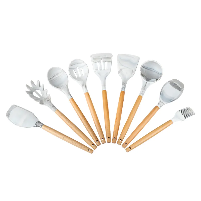 Heat Resistant Kitchen Cuisine House Hold Products Marble Pattern 9PC Wooden Handle Silicone Cooking Kitchen Utensils Set