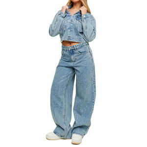 Jean <span class=keywords><strong>taille</strong></span> <span class=keywords><strong>basse</strong></span> pour <span class=keywords><strong>femme</strong></span>, coupe droite ample, denim délavé vintage, entièrement orné de strass, style streetwear sexy, look décontracté - Product Image 6