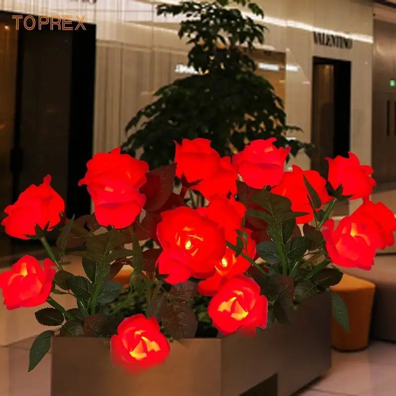 Al Aire Libre impermeable 3*5 cabezas rosas flores de tacto Real Rosa artificial Led Solar jardín luz alimentada Rosa flor estaca luces