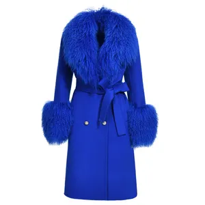 Read To Ship Double Cashmere Wool Coat with Mongolian Sheep Fur Collar and Cuff Cashmere Coat with Lamb Fur