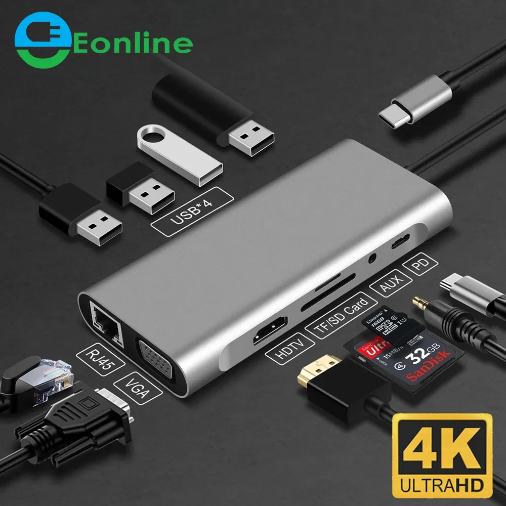 EONLINE ฮับ USB หลายตัว11 In 1,อะแดปเตอร์ USB 3.0พอร์ต Type C สำหรับ Macbook แล็ปท็อป HD PD ที่ชาร์จเสียง VGA RJ45