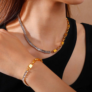 Stainless Steel Zircon Necklace And <b>Bracelet</b> <b>Set</b> 18K Gold Plated Geometric Design Unisex Hip Hop Jewelry Gift <b>Set</b> - Product Image 1