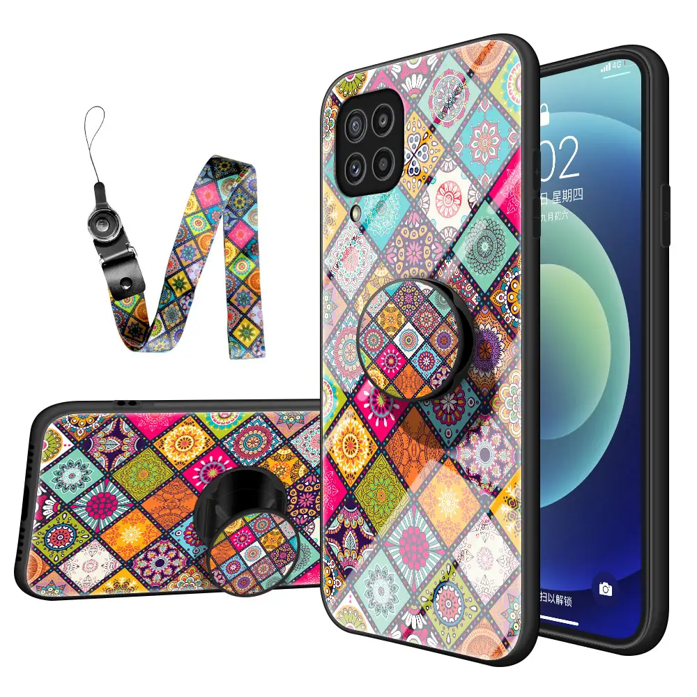 Nieuwe Luxe Bloem Glas Magnetische Stand Telefoon Case Met Riem Voor Samsung A22 A51 A52 F22 A80 S21 Fe S21 plus