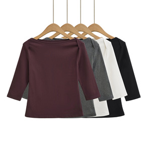 Nouveau T-shirt vintage d'automne à <span class=keywords><strong>col</strong></span> <span class=keywords><strong>bateau</strong></span> et manches trois-quarts, coupe ajustée, haut court pour femme - Product Image 5