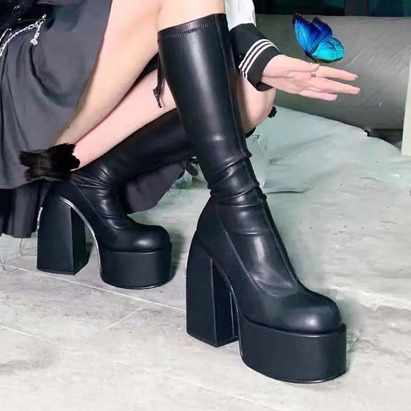 Botas de plataforma de tacón grueso para mujer, zapatos de tacón alto, de tela elástica, de talla grande