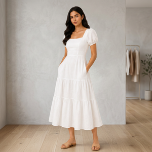 Women’s Casual <b>White</b> Puff Sleeve Dress <b>Square</b> Neck Tiered Flared Dress with <b>Pockets</b> for Boutique Fashion Collection - Product Image 4