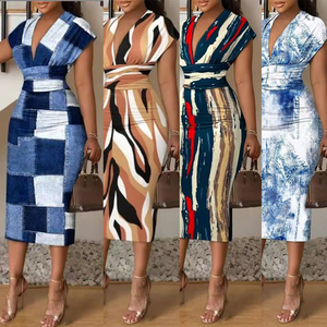 Abito Aderente da Donna e Abito Midi Stampato con Scollo a V, Vita Alta Naturale, Orlo Dritto, per Cocktail Party Estivo - Product Image 2