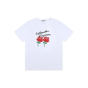 한국에서 만든 간단하고 우아한 스타일 100% 면 화이트 색상 장미 로고 티셔츠 상업적으로 롯데 면세점