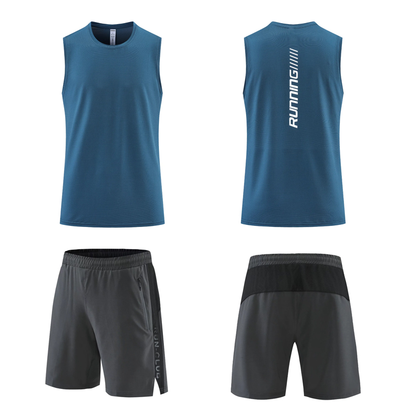 blue tanks +grey shorts