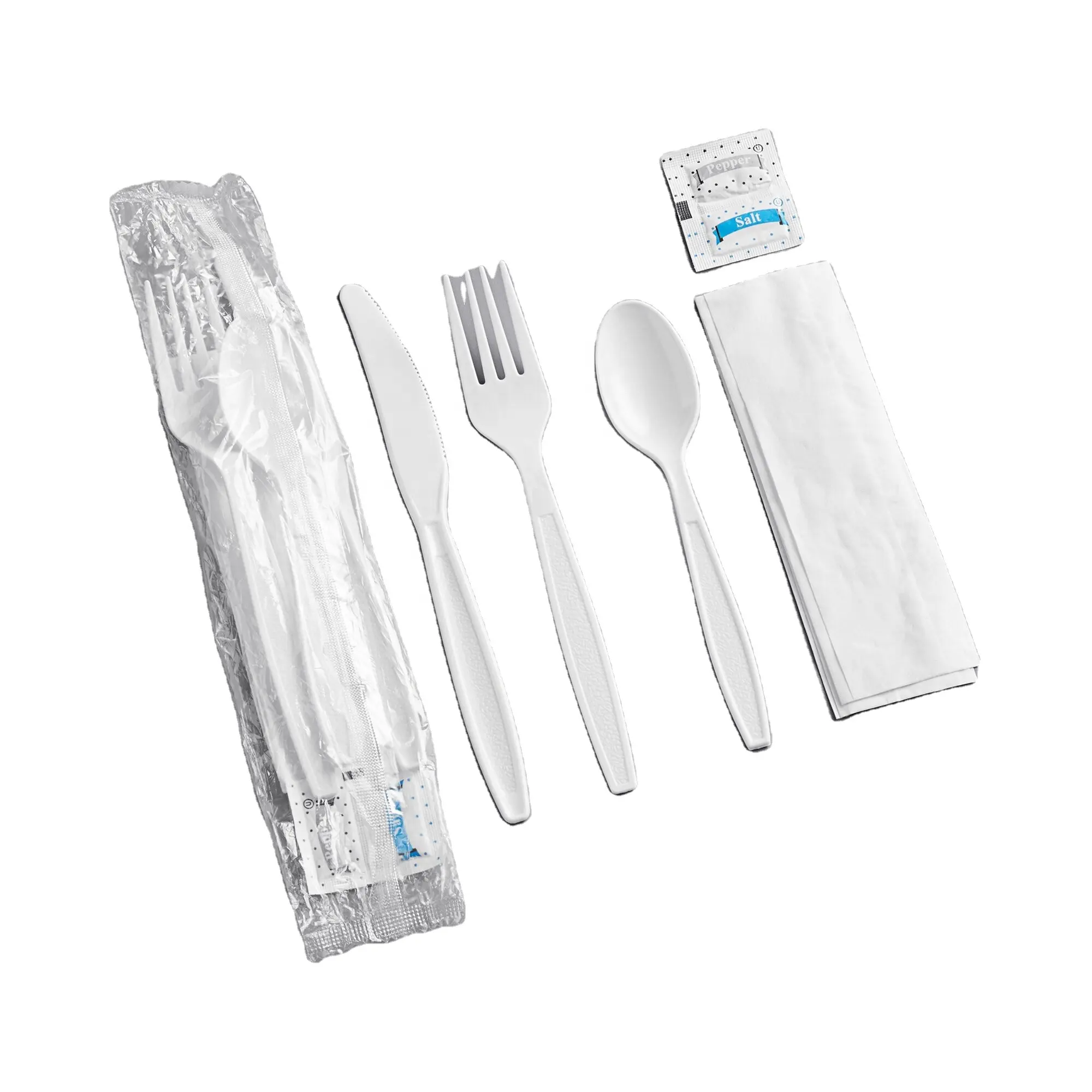 Kit di posate usa e getta in plastica PS forchetta coltello cucchiaio tovagliolo sale e pepe kit con set di stoviglie confezionati singolarmente