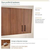 Meuble de cuisine moderne en placage de bois avec portes à battants, aménagement en culisant, dimensions personnalisées, boîtes en panneaux de particules et rangement coulissant