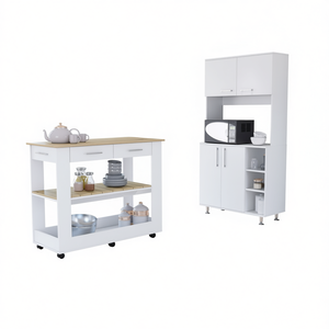Ensemble îlot de cuisine et armoire Nadina blanc avec dessus en chêne clair, 4 portes, 2 tiroirs, design moderne pour rangement de cuisine - Product Image 1