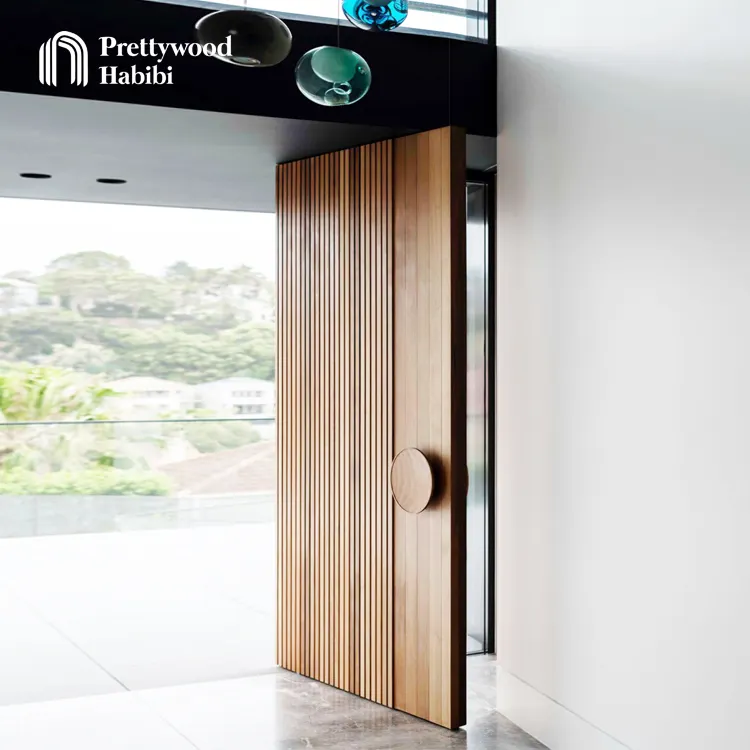 Prettywood casa moderna entrada exterior vertical, slatas de design sólido frente pivot entrada porta de madeira