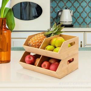 Bamboo Kitchen Storage Rack With Handles Stackable Multi Layer Wooden Box For Fruits <b>Vegetables</b> Countertop Organizer - Product Image 1