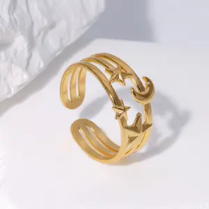 INS复古星月形指环西式时尚设计18k镀金开口不锈钢女性礼品新款戒指