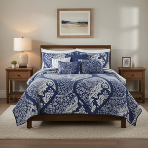 Juego de Edredón de Algodón Estampado Indigo King Cal King de 6 Piezas con Cojines Decorativos, Diseño Floral, Ropa de Cama para Toda Temporada - Product Image 2