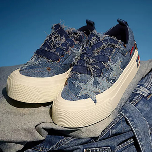 Denim <b>Platform</b> Skate <b>Shoes</b> Star Patch Frayed Raw Edge Thick Off White Sole Street Sneakers - Product Image 1