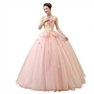 Robe de soirée longue rose sans bretelles, en laine, avec perles, taille naturelle, volants, respirante, dos lacé, longueur ras du sol - Product Image 3