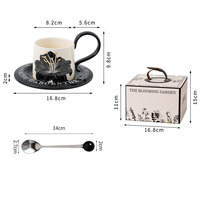Ensemble tasse à café et soucoupe en céramique vintage à motif floral avec poignée noire et cuillère, service de thé de l'après-midi de luxe léger