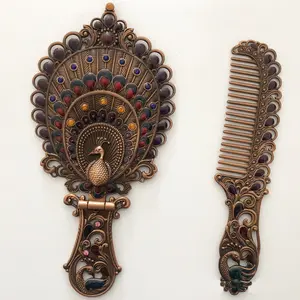 俄罗斯复古手柄化妆镜梳子套装礼品镜可折叠手持小镜子