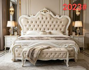 Premium Queen Size White Leather <b>Bed</b> With Gold Leaf Ornate Carved Diamond Tufted Scalloped Headboard For European Rococo Bedroom - Product Image 3