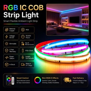 Tira <span class=keywords><strong>de</strong></span> Luces <span class=keywords><strong>LED</strong></span> RGB IC COB, 720 <span class=keywords><strong>LED</strong></span>/m, 5M, 12V, Disponible en Stock, Direccionable, con Efecto <span class=keywords><strong>de</strong></span> Persecución <span class=keywords><strong>de</strong></span> Color, IP20, <span class=keywords><strong>Multicolor</strong></span>, Flexible - Product Image 2