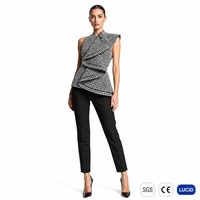 Ensemble deux pièces asymétrique 3D sculptural superposé en pied-de-poule 260 GSM avec pantalon slim pour femme, style avant-gardiste, OEM XS-5XL