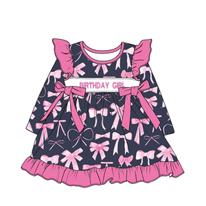 Robe <span class=keywords><strong>à</strong></span> manches longues pour fille enfant avec imprimé nœud papillon, design d'anniversaire brodé, robe <span class=keywords><strong>rose</strong></span> personnalisée, vêtements pour enfants en gros - Product Image 2