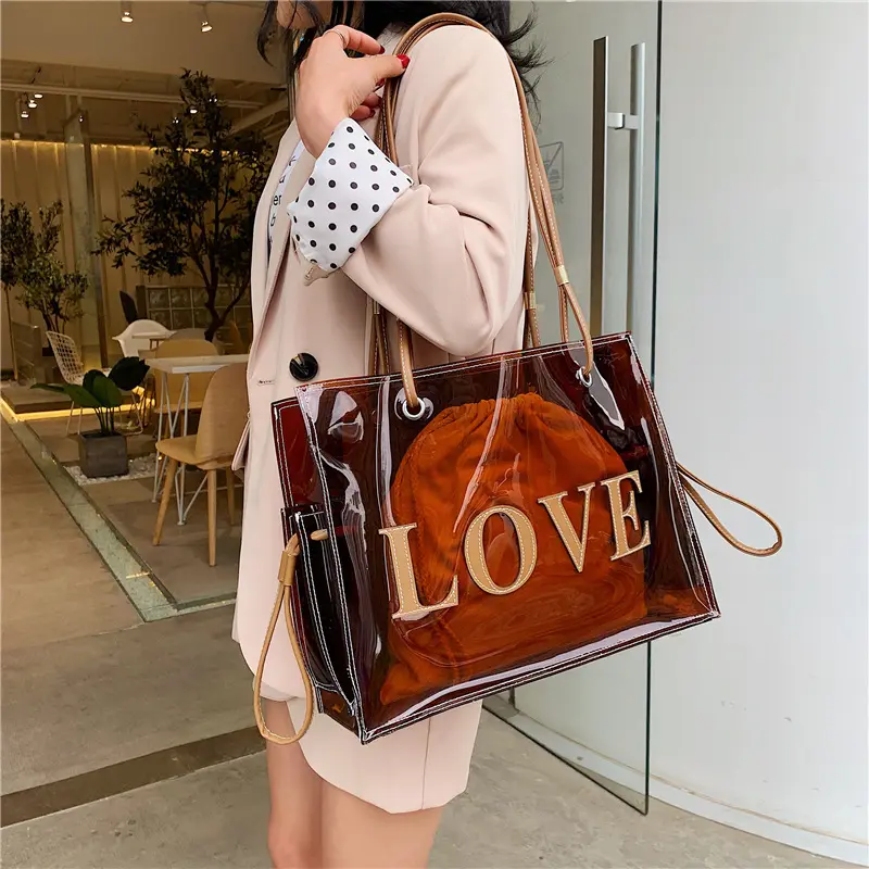 Summer New Transparent PVC Plastic Shoulder Shopping Beach Leisure Clear Purses and Luxury Handbags Tote Bags for Women