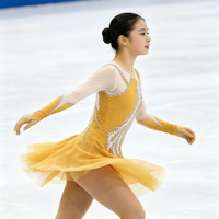 Robe de patinage artistique jaune doré à manches longues en maille avec strass, jupe irrégulière pour enfants et adultes, pour compétition et performance