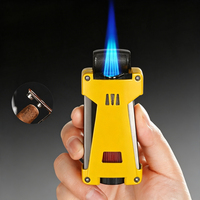 Briquet torche à cigare rechargeable au butane 3-en-1 en alliage de zinc, triple jet coupe-vent avec support et coupe-cigare intégré