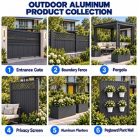 Solution complète en aluminium pour cour : Portail à persiennes, clôture, pergola, écran d'intimité, jardinières et mur végétal en panneaux perforés