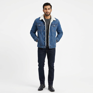 Wholesale Finer Threads High Quality <b>Men's</b> 100% Cotton Denim <b>Jacket</b> Windproof Stand Collar Front Logo Vintage Style Hooded - Product Image 1