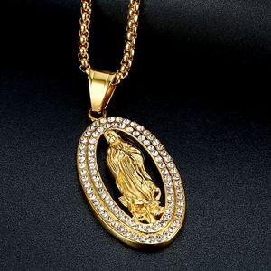 European American Hip Hop Pendant Necklace <b>Titanium</b> Steel Gold Plated Crystal Rhinestone Oval Religious Charm Unisex Everyday - Product Image 3