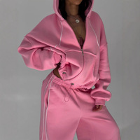 Ensemble de survêtement sportif pour femme, personnalisé, uni, épais, avec fermeture éclair, dernière conception, coupe ample, deux pièces, comprenant un sweat à capuche zippé et un pantalon de survêtement