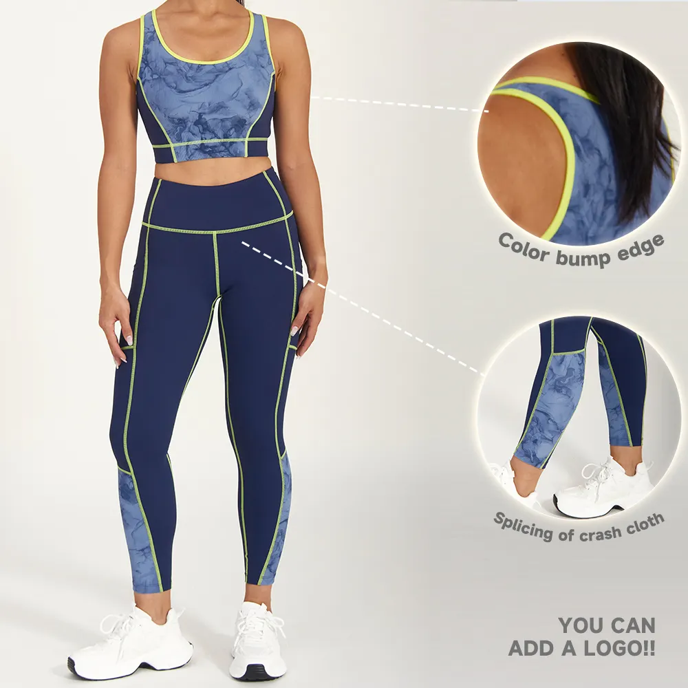 Luckpanther 접합 패턴 스포츠 브라 및 운동 달리기 여성 레깅스 세트 체육관 피트니스 세트 훈련 운동복